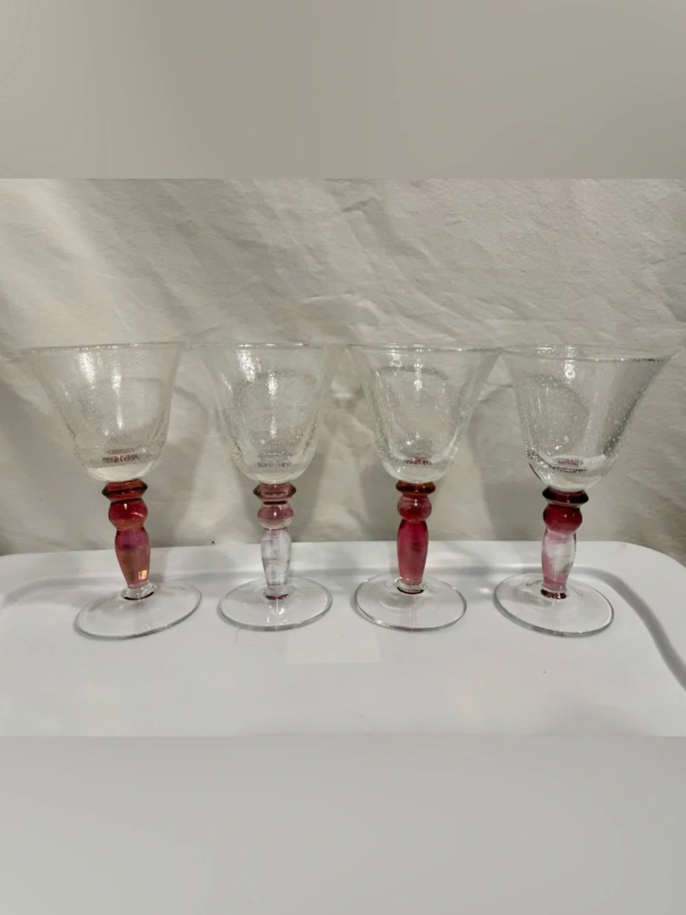 Pottery Barn Pink Stem Wine & Water Goblets